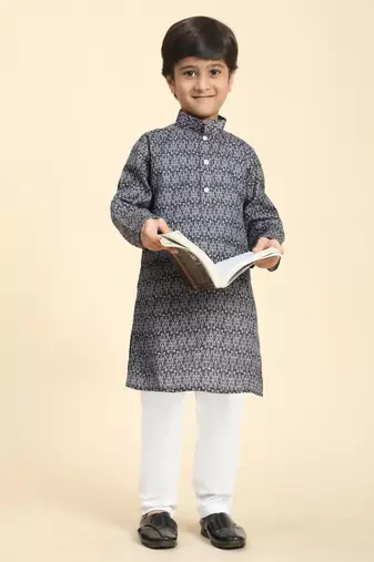Black Printed Cotton Jacquard Kurta Pajama Set for Boys Ethnic Wear