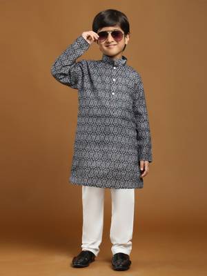 Black Printed Cotton Jacquard Kurta Pajama Set for Boys Ethnic Wear 1