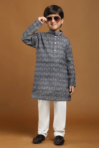 Black Printed Cotton Jacquard Kurta Pajama Set for Boys Ethnic Wear