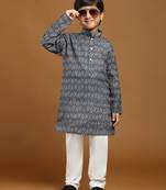 Black Printed Cotton Jacquard Kurta Pajama Set for Boys Ethnic Wear