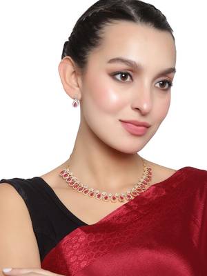 American Diamond Gold Plated Ruby Color Stone Necklace Set 1