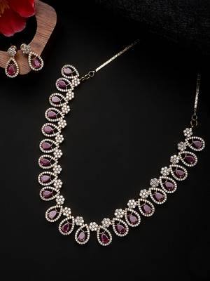 American Diamond Gold Plated Ruby Color Stone Necklace Set 2
