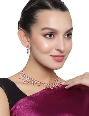 American Diamond Ruby Color Gold Plated Necklace Set 1