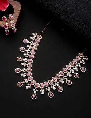 American Diamond Ruby Color Gold Plated Necklace Set 2