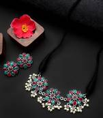 Oxidized Silver Color Multicolor Stone Floral Choker Necklace Set