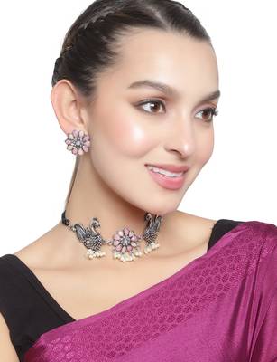 Oxidized Silver Color Pink Stone Duck Design Choker Necklace Set 1