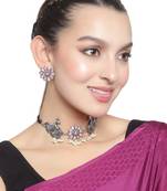 Oxidized Silver Color Pink Stone Duck Design Choker Necklace Set