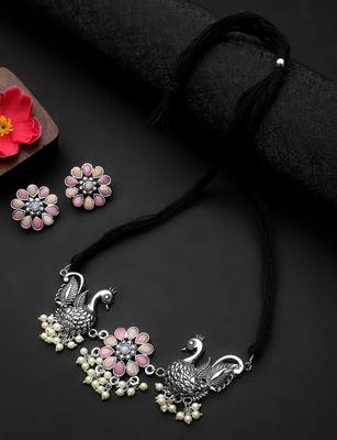 Oxidized Silver Color Pink Stone Duck Design Choker Necklace Set 2