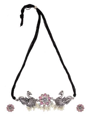 Oxidized Silver Color Pink Stone Duck Design Choker Necklace Set 3