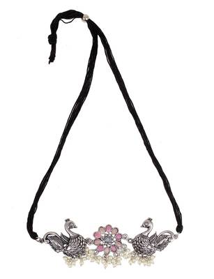 Oxidized Silver Color Pink Stone Duck Design Choker Necklace Set 4