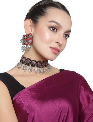 Oxidized Silver Color Beads Weaving Maroon & Black Color Beads Choker Necklace Set 1