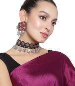 Oxidized Silver Color Beads Weaving Maroon & Black Color Beads Choker Necklace Set