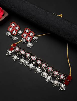 Oxidized Silver Color Beads Weaving Maroon & Black Color Beads Choker Necklace Set 2