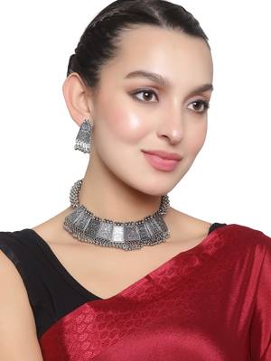 Oxidized Silver Color Choker Necklace Set 1