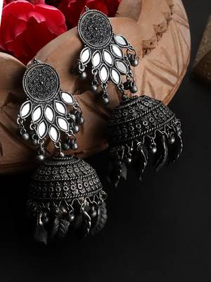 Oxidized Silver Color Mirror Stud Jhumka Earrings 2
