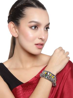 Oxidized Silver Color Minakari Multicolor Mirror Stud Adjustable Bracelet 1