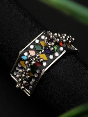 Oxidized Silver Color Minakari Multicolor Mirror Stud Adjustable Bracelet 2
