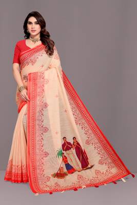 Pongal Special Cream Woven Linen Saree With Blouse 1