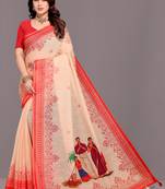 Pongal Special Cream Woven Linen Saree With Blouse