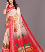 Pongal Special Cream Woven Linen Saree With Blouse