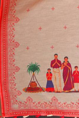 Pongal Special Cream Woven Linen Saree With Blouse 2