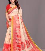 Pongal Special Cream Woven Linen Saree With Blouse