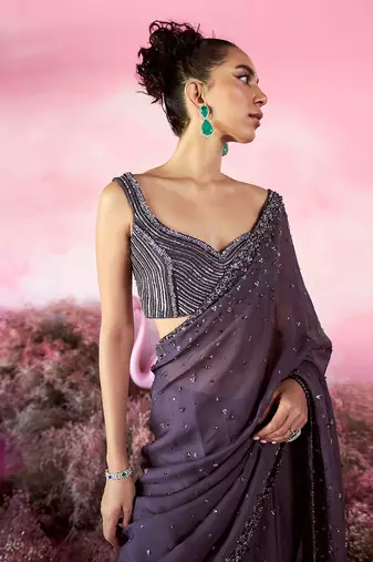 Galaxy saree set in deep purple