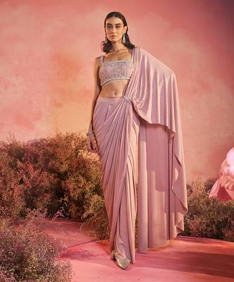 Pink gulaab drape saree set 1