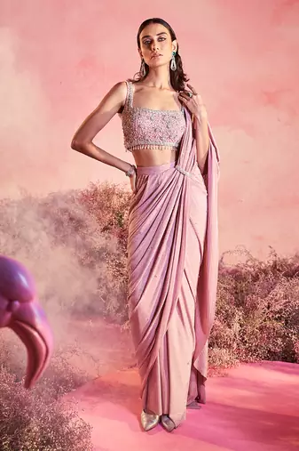 Pink gulaab drape saree set