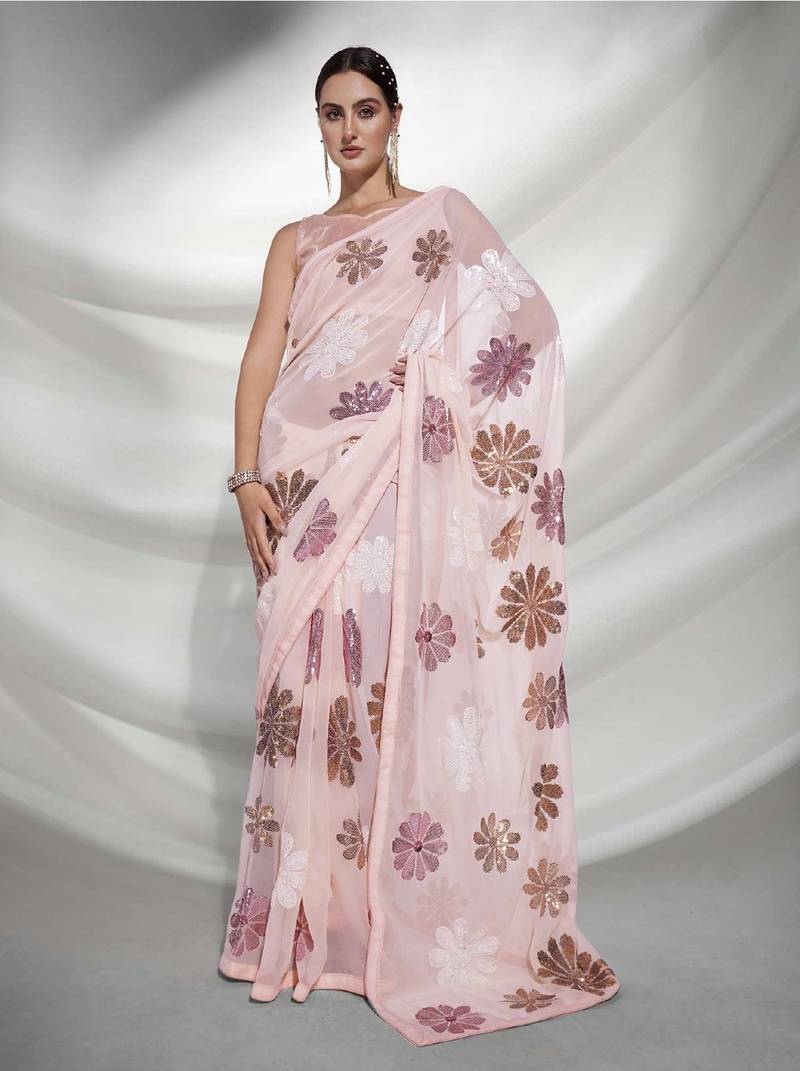 Peach sequence georgete saree with un-stiched blouse