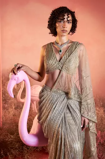 Zoya gold drape saree set