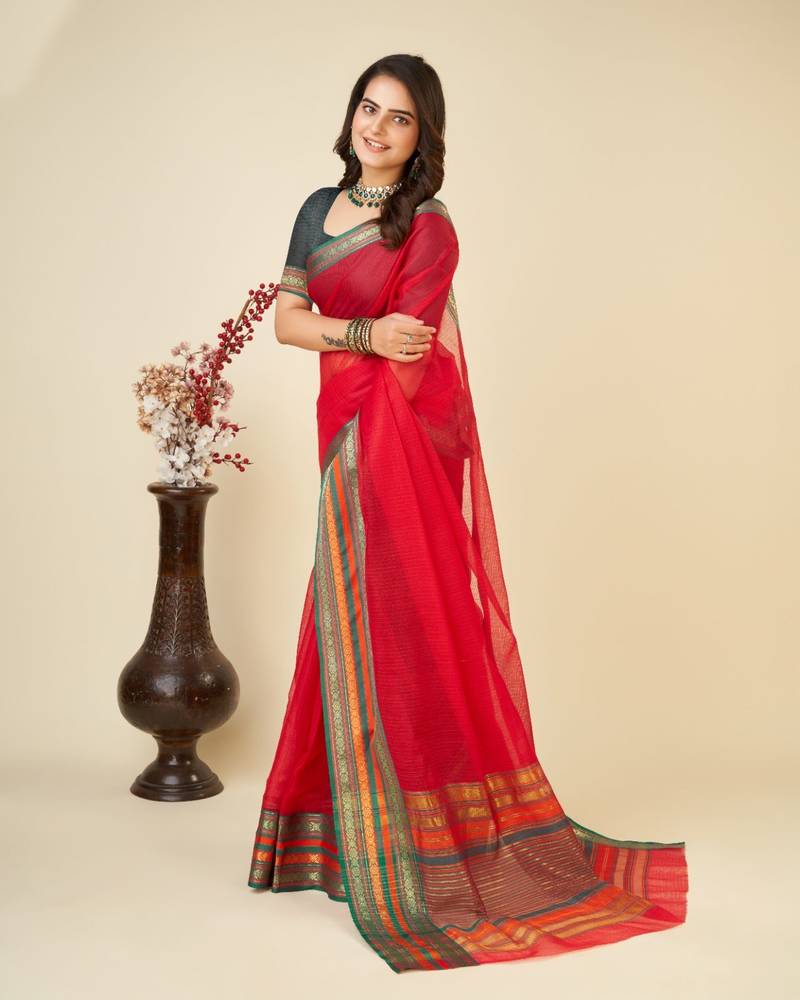 Red kota doriya semi cotton saree with un-stiched blouse
