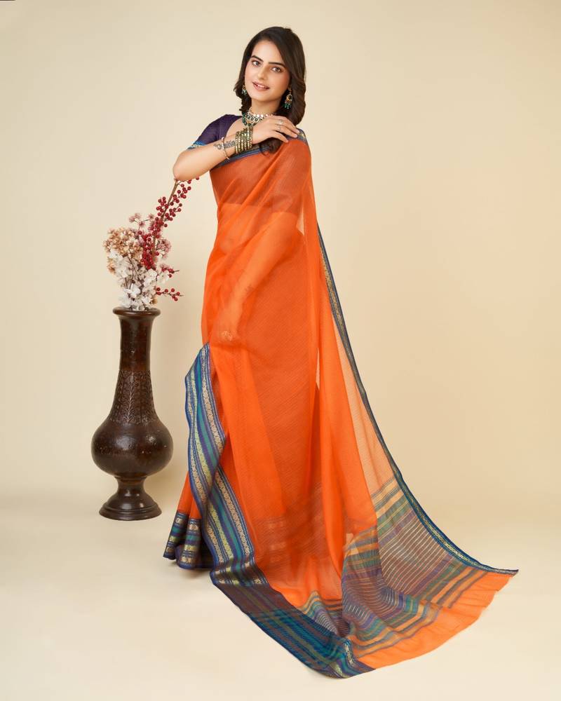 Orange kota doriya semi cotton saree with un-stiched blouse