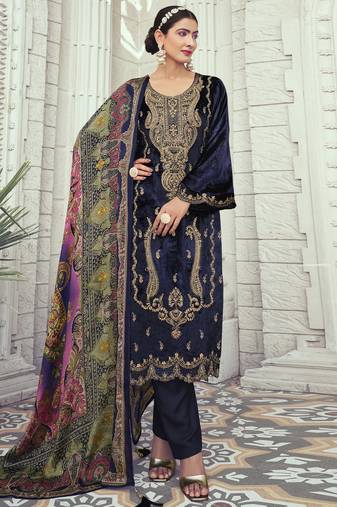 navy blue velvet embroidered dress material
