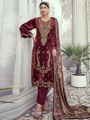 maroon velvet embroidered dress material 1