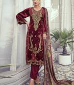maroon velvet embroidered dress material