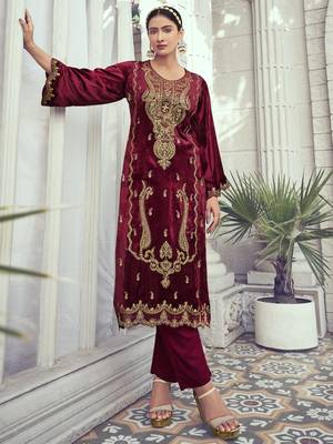 maroon velvet embroidered dress material 2