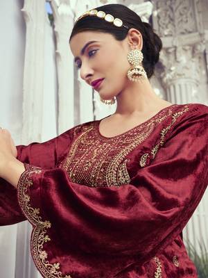 maroon velvet embroidered dress material 3