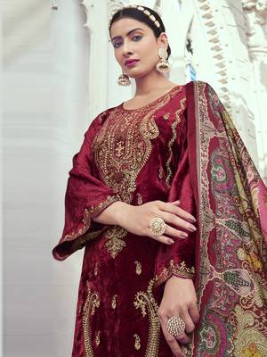 maroon velvet embroidered dress material 4