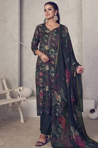 black pure pashmina digital printed dress material