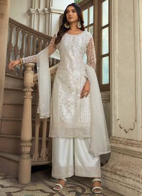 White Premium Net Embroidered Traditional Palazzo Suit 1