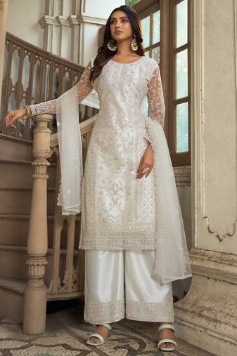 White Premium Net Embroidered Traditional Palazzo Suit