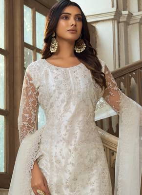 White Premium Net Embroidered Traditional Palazzo Suit 2