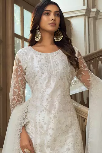 White Premium Net Embroidered Traditional Palazzo Suit