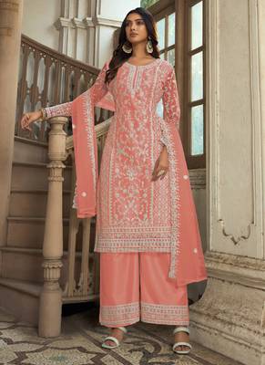 Light Orange Premium Net Embroidered Traditional Palazzo Suit 1