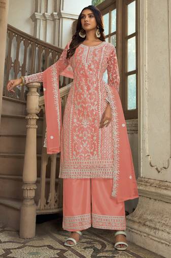 Light Orange Premium Net Embroidered Traditional Palazzo Suit