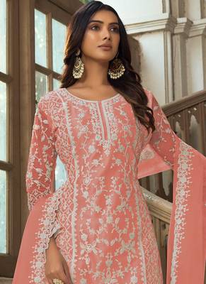 Light Orange Premium Net Embroidered Traditional Palazzo Suit 2