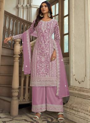 Lavender Premium Net Embroidered Traditional Palazzo Suit 1