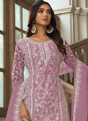 Lavender Premium Net Embroidered Traditional Palazzo Suit 2