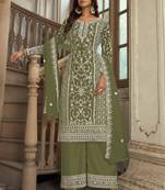 Olive Premium Net Embroidered Traditional Palazzo Suit